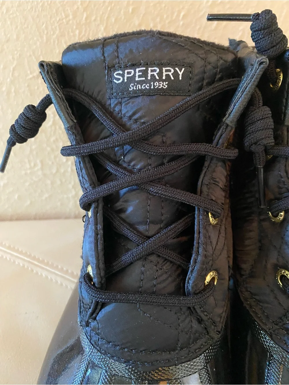 Sperry Syren Duck Boots Black Quilted Lace-Up Rain Ankle Boots Size 8.5